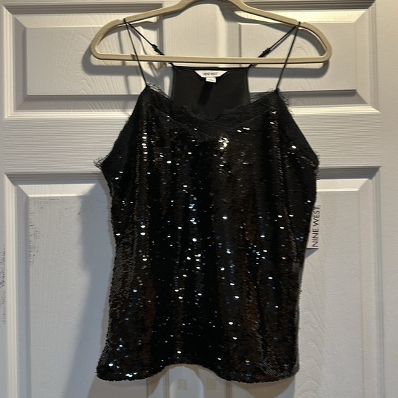 NWT! Nine West Black Sequin Lace Trim Racerback Cami Tank Top L - Picture 2 of 10